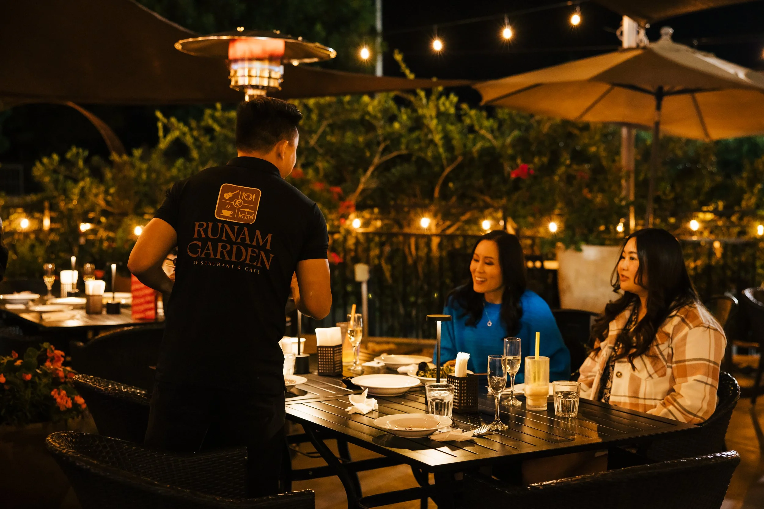 Runam Garden outdoor patio at night with live music Fountain Valley