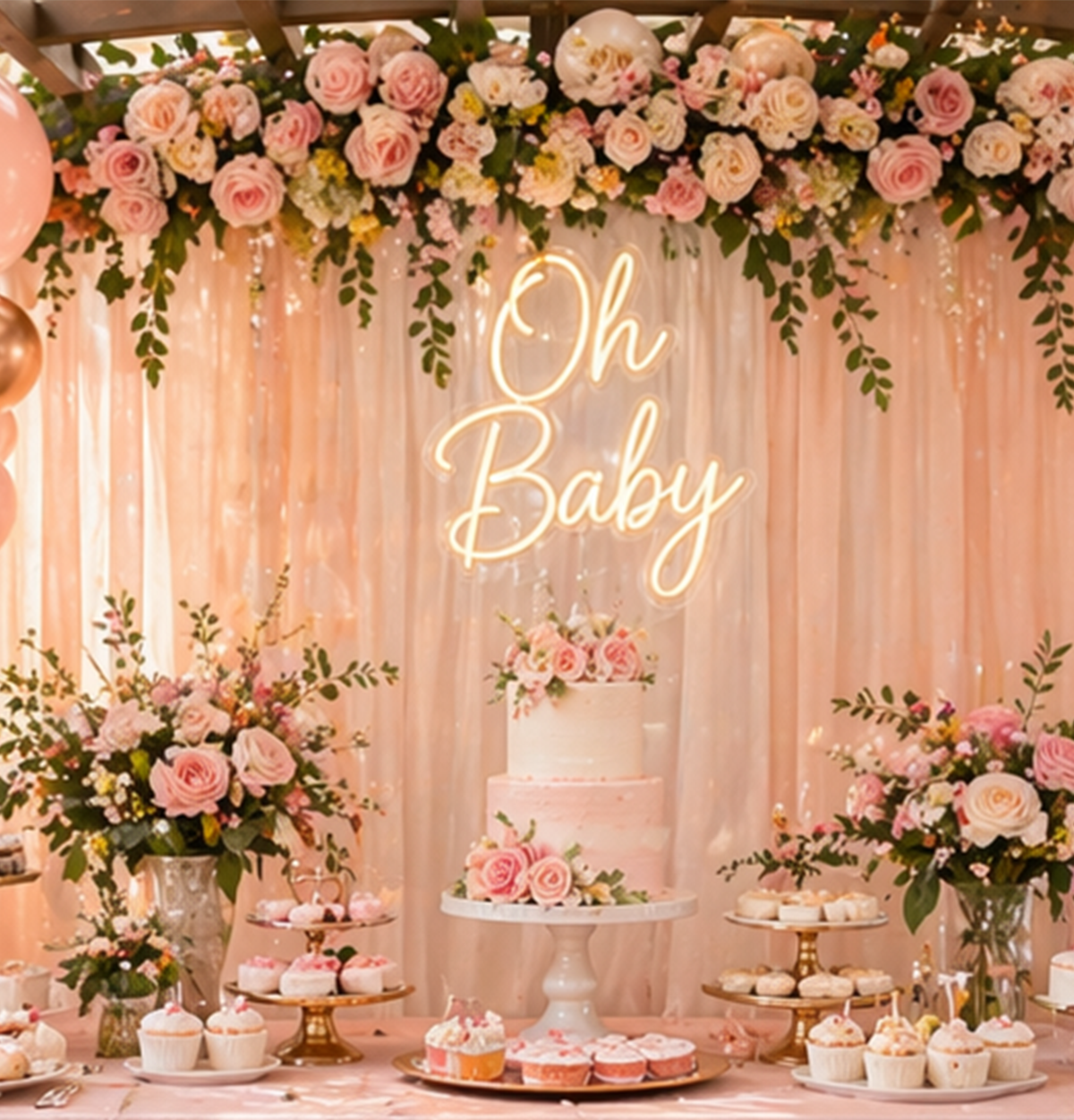 Bridal shower floral arrangement and dessert table setup at Runam Garden