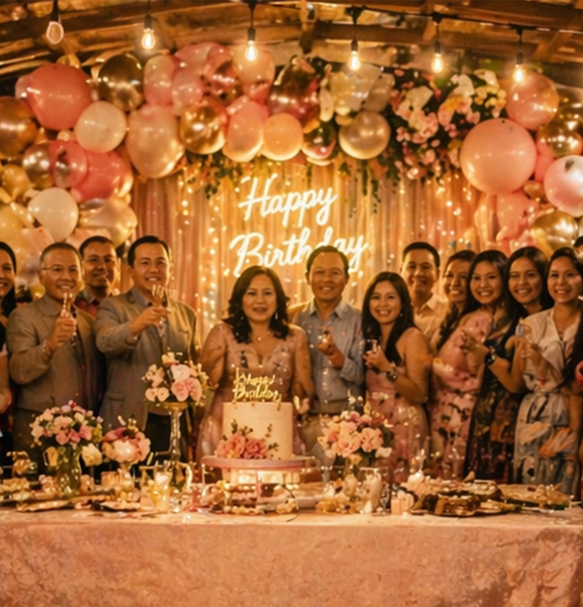 Birthday party decor with balloons and themed table setup at Runam Garden Orange County