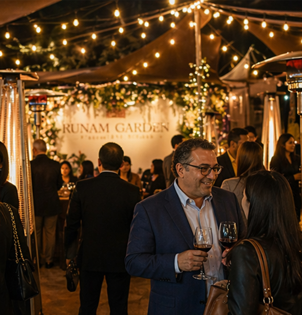 Corporate event stage and evening ambiance at Runam Garden Fountain Valley