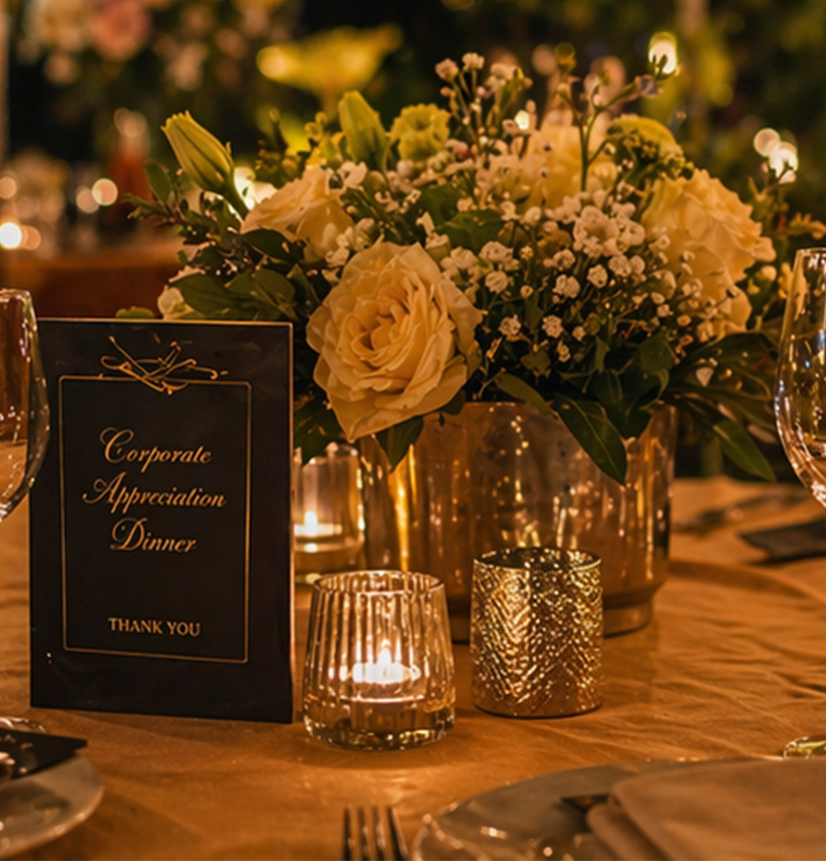 Company holiday party dining setup at Runam Garden private venue Orange County