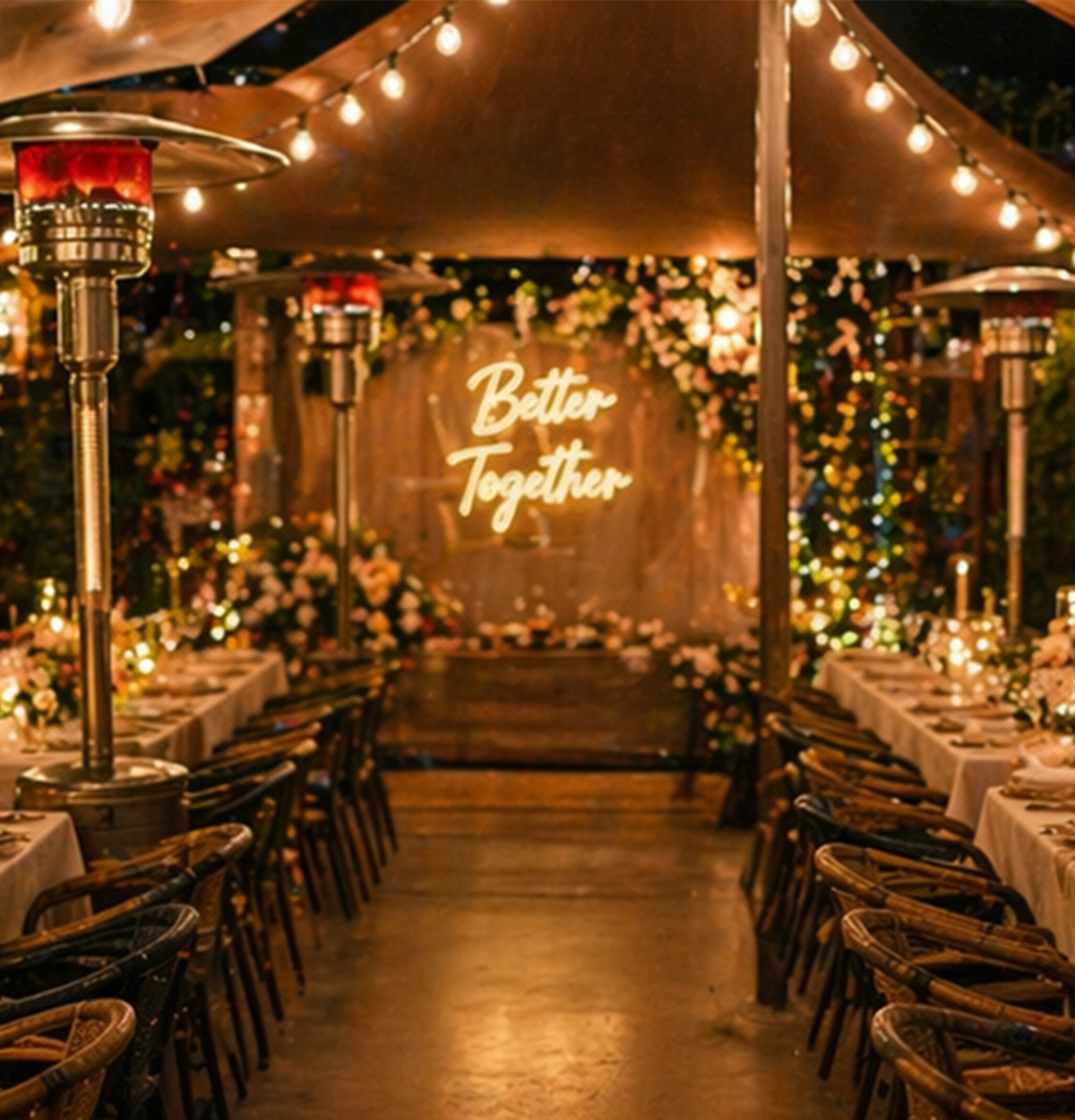 Rehearsal dinner floral arch detail at Runam Garden wedding venue Orange County