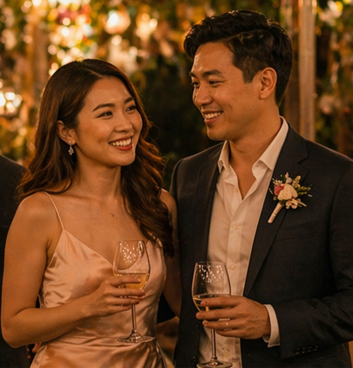 Couple at engagement party in Runam Garden outdoor venue Fountain Valley