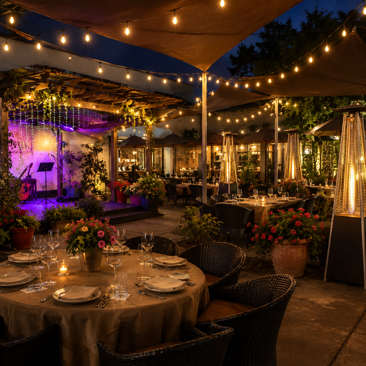 Runam Garden event setup with stage, string lights, and dining tables